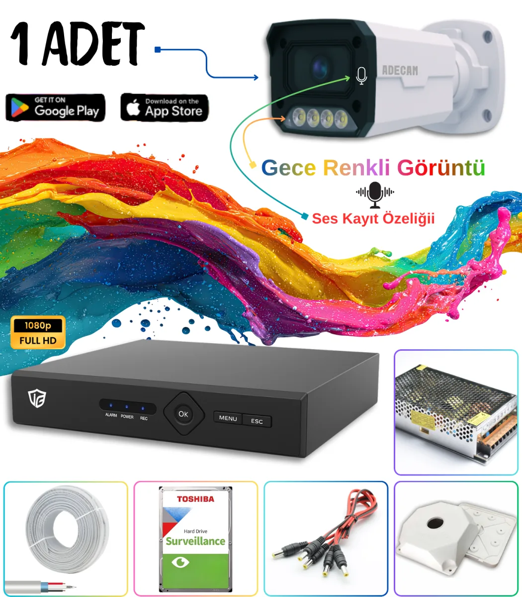 Adecam 1'li Full HD AHD Güvenlik Kamera Sistemi Cepten İzleme - Gece Renkli & Sesli Set + 30 Gün Kayıt 