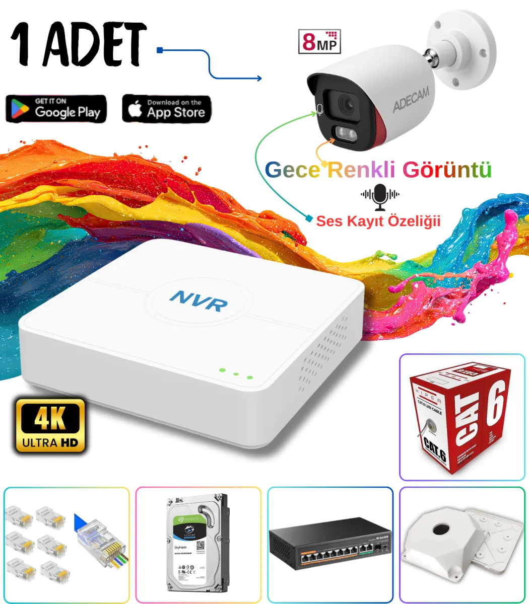 Adecam 1'li Full HD IP Güvenlik Kamera Sistemi - Gece Renkli & Sesli Set + 30 Gün Kayıt, Cepten İzleme