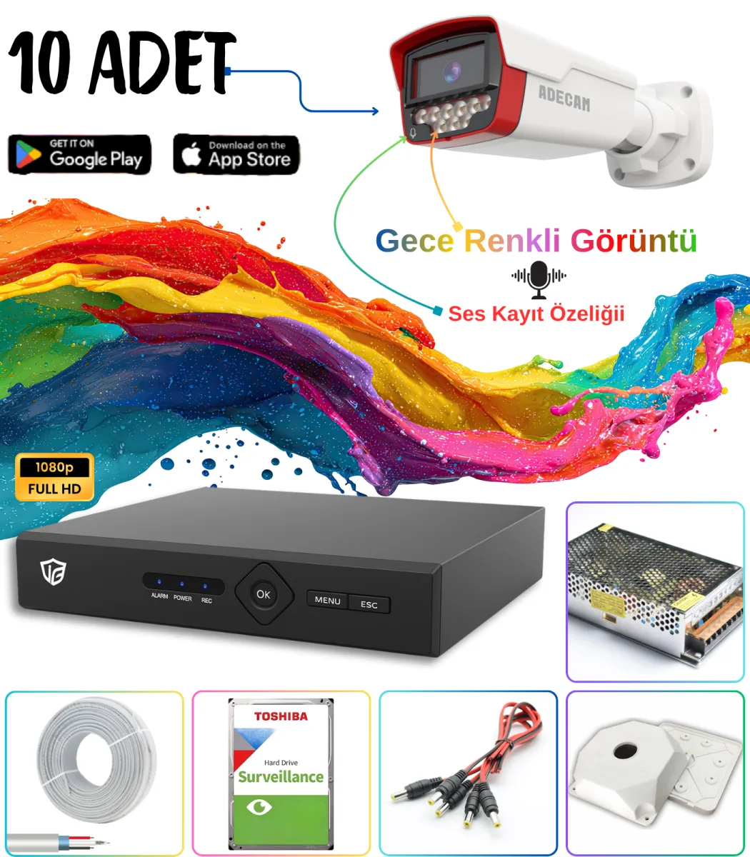 Adecam 10'lu Full HD AHD Güvenlik Kamera Sistemi - Gece Renkli & Sesli Set + 30 Gün Kayıt, Cepten İzleme