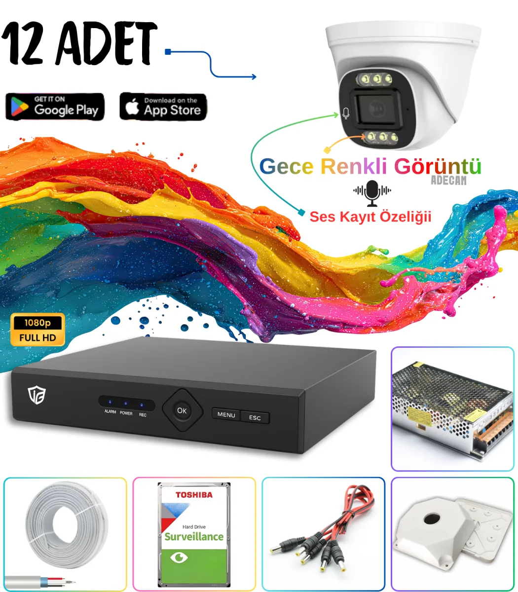 Adecam 12'li Full HD AHD Güvenlik Kamera Sistemi + 30 Gün Kayıt, Cepten İzleme - Gece Renkli & Sesli Set