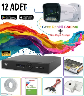Adecam 12'li Full HD AHD Güvenlik Kamera Sistemi Cepten İzleme - Gece Renkli & Sesli Set + 30 Gün Kayıt 