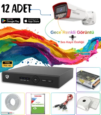 Adecam 12'li Full HD AHD Güvenlik Kamera Sistemi - Gece Renkli & Sesli Set + 30 Gün Kayıt, Cepten İzleme