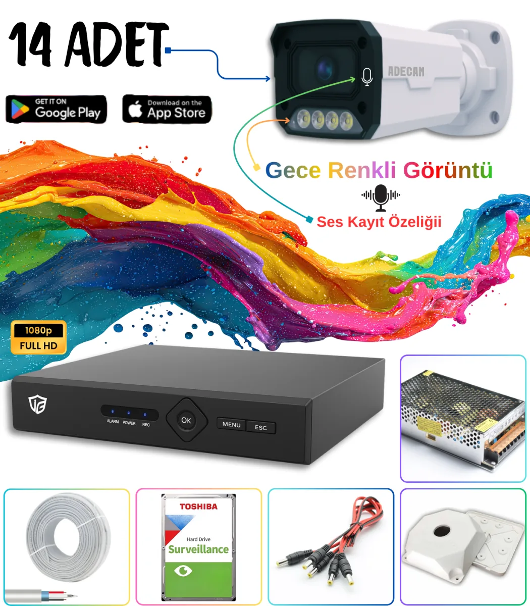 Adecam 14'lü Full HD AHD Güvenlik Kamera Sistemi Cepten İzleme - Gece Renkli & Sesli Set + 30 Gün Kayıt 