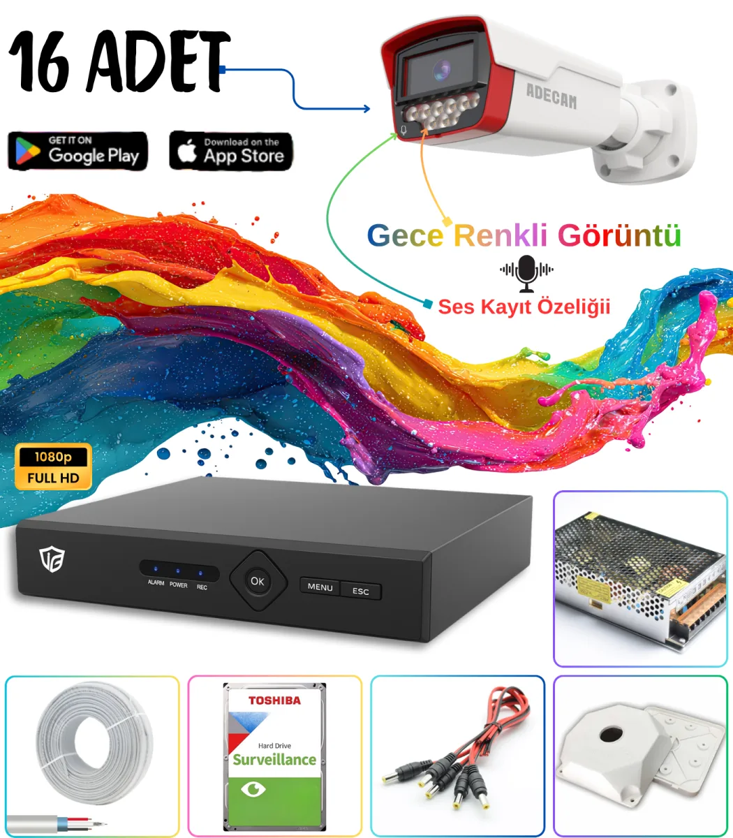 Adecam 16'lı Full HD AHD Güvenlik Kamera Sistemi - Gece Renkli & Sesli Set + 30 Gün Kayıt, Cepten İzleme