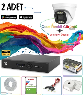 Adecam 2'li Full HD AHD Güvenlik Kamera Sistemi + 30 Gün Kayıt, Cepten İzleme - Gece Renkli & Sesli Set