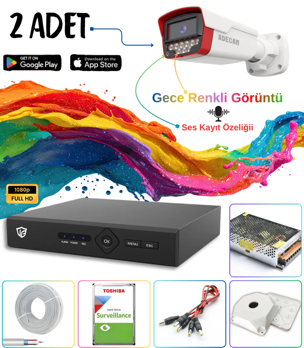 Adecam 2'li Full HD AHD Güvenlik Kamera Sistemi - Gece Renkli & Sesli Set + 30 Gün Kayıt, Cepten İzleme