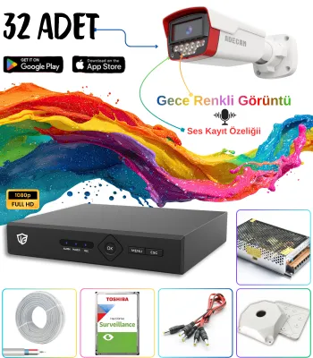 Adecam 32'li Full HD AHD Güvenlik Kamera Sistemi - Gece Renkli & Sesli Set + 30 Gün Kayıt, Cepten İzleme