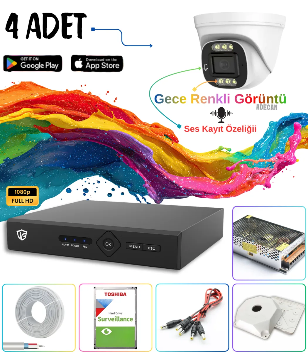 Adecam 4'lü Full HD AHD Güvenlik Kamera Sistemi + 30 Gün Kayıt, Cepten İzleme - Gece Renkli & Sesli Set