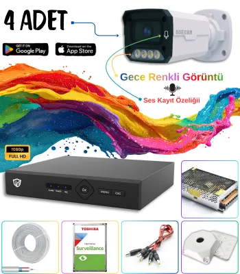 Adecam 4'lü Full HD AHD Güvenlik Kamera Sistemi Cepten İzleme - Gece Renkli & Sesli Set + 30 Gün Kayıt 