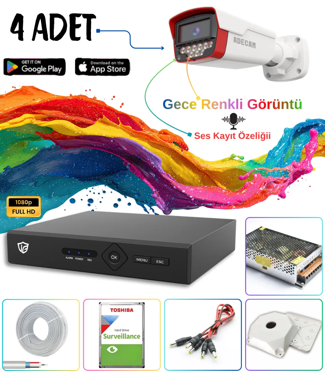 Adecam 4'lü Full HD AHD Güvenlik Kamera Sistemi - Gece Renkli & Sesli Set + 30 Gün Kayıt, Cepten İzleme