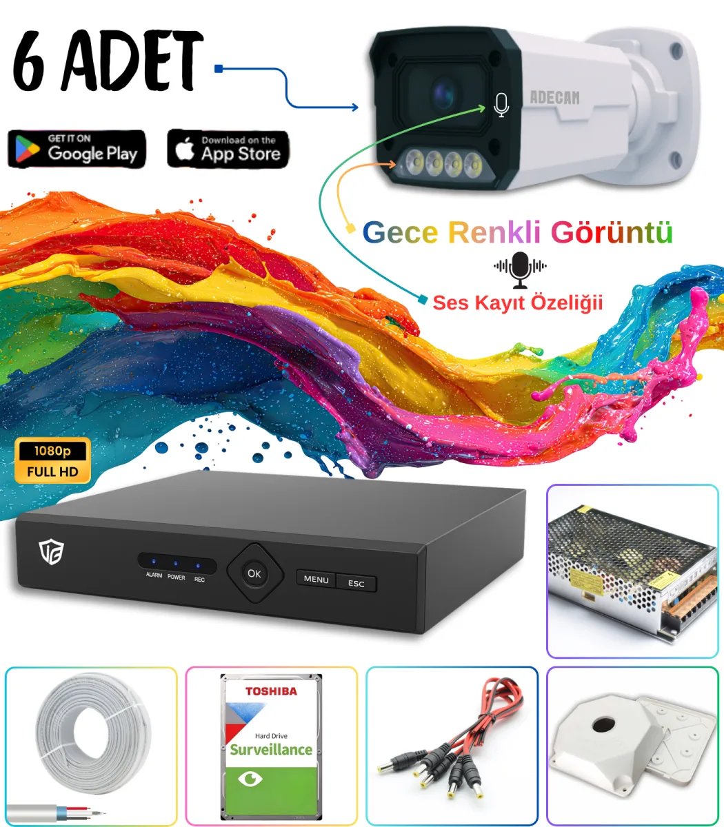 Adecam 6'lı Full HD AHD Güvenlik Kamera Sistemi Cepten İzleme - Gece Renkli & Sesli Set + 30 Gün Kayıt 