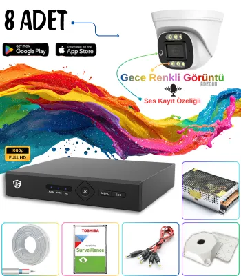 Adecam 8'li Full HD AHD Güvenlik Kamera Sistemi + 30 Gün Kayıt, Cepten İzleme - Gece Renkli & Sesli Set