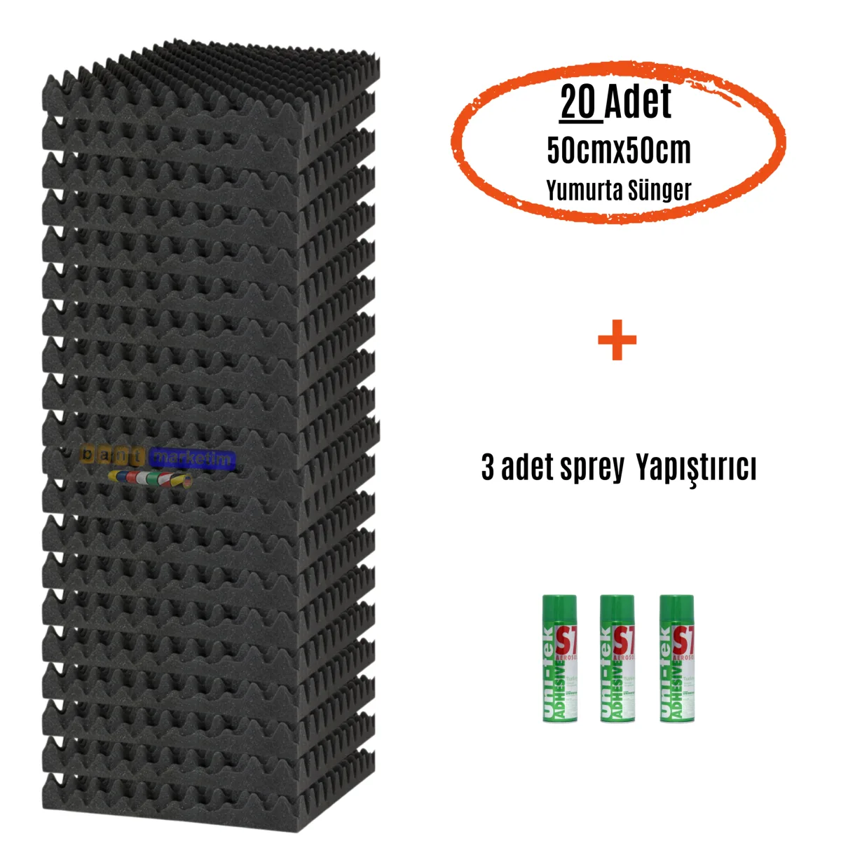 Akustik Yumurta Sünger 60dns Yanmaz 50cmx50cm 25mm (20adet + 3 Sprey Yapıştırıcı)