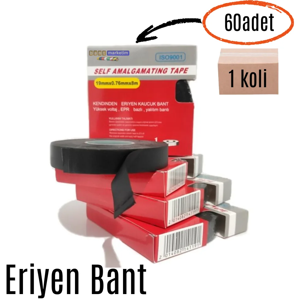 Eriyen Bant Kauçuk Bant Yalıtım Bantı 19mm x 0.80mm x 8mt (60adet) 1koli