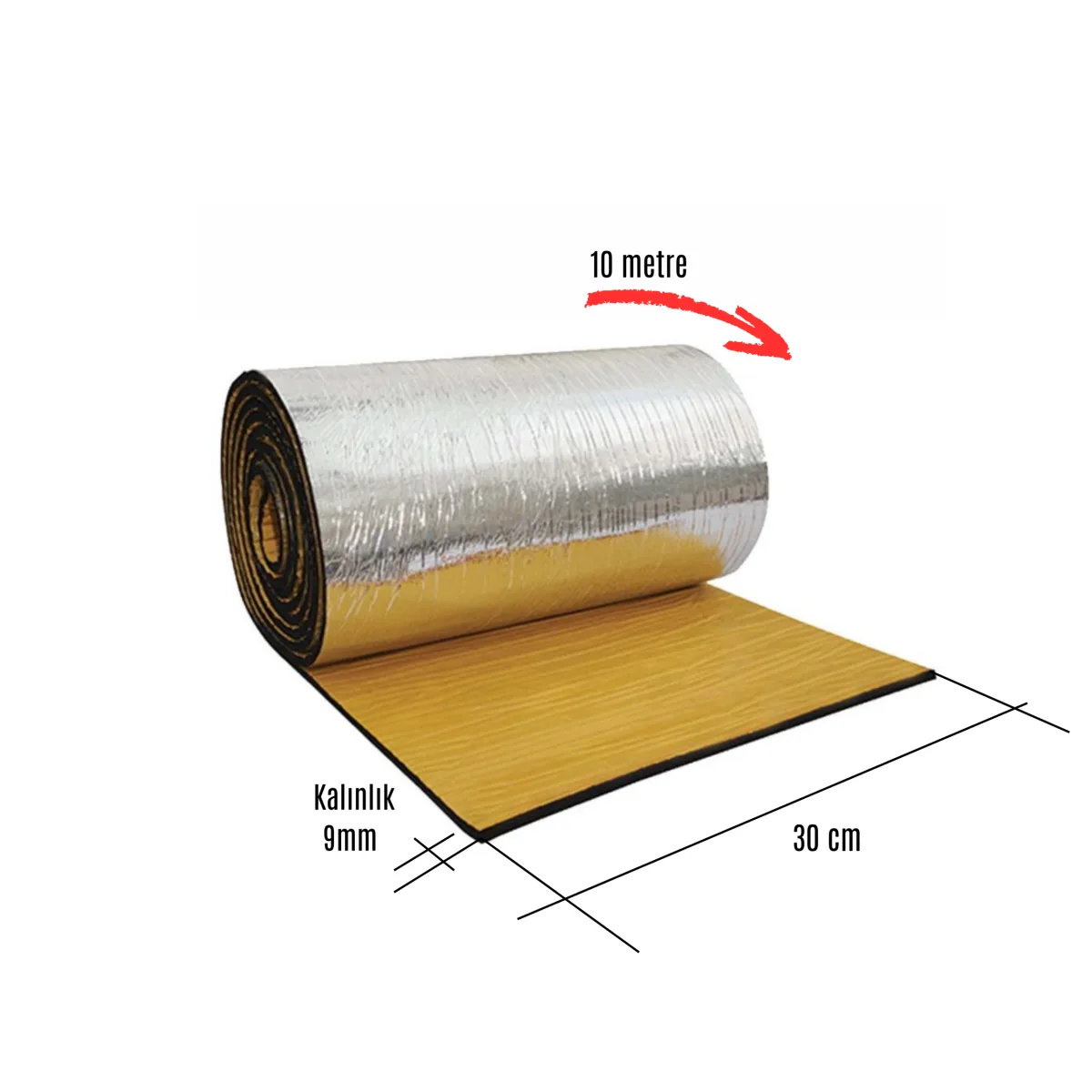 Kauçuk Bant Oto Ses Yalıtımı 9mm Alüminyum Folyolu 30 Cm X 10 Metre