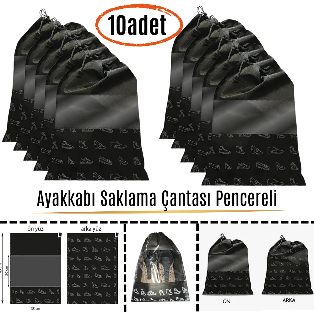 Pencereli Ayakkabı Saklama Çantası Askılı Dolap Çekmece Düzenleyici Seyahat Çantası Hurcu 10 Adet
