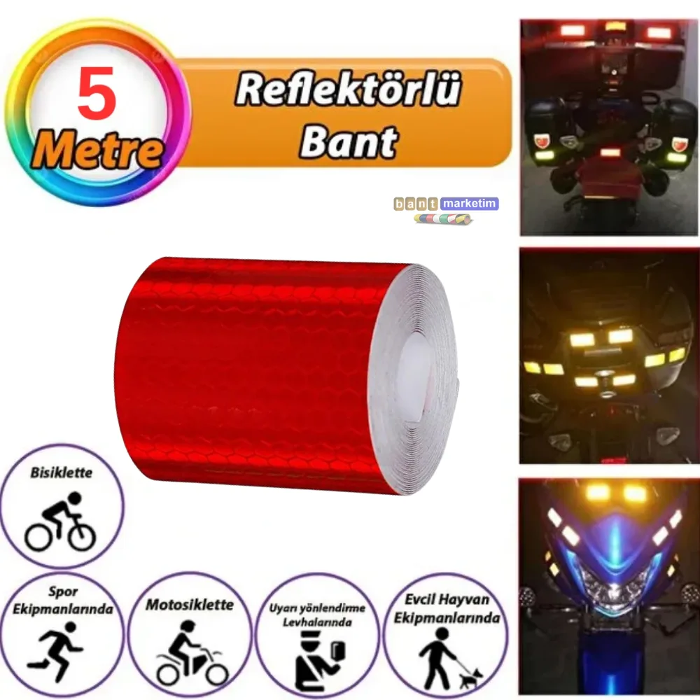 Reflektörlü Reflektif Fosforlu Şerit Bant Petekli Reflekte İkaz Bandı 5 cm x 5 Metre Kırmızı