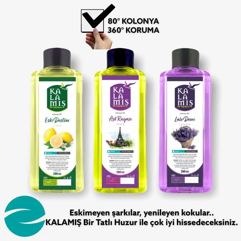 KALAMIŞ Bir Tatlı Huzur Muhteşem 3 lü 200 cc Kolonya (EskiDostlar & AşkRüyası & LaleDevri)