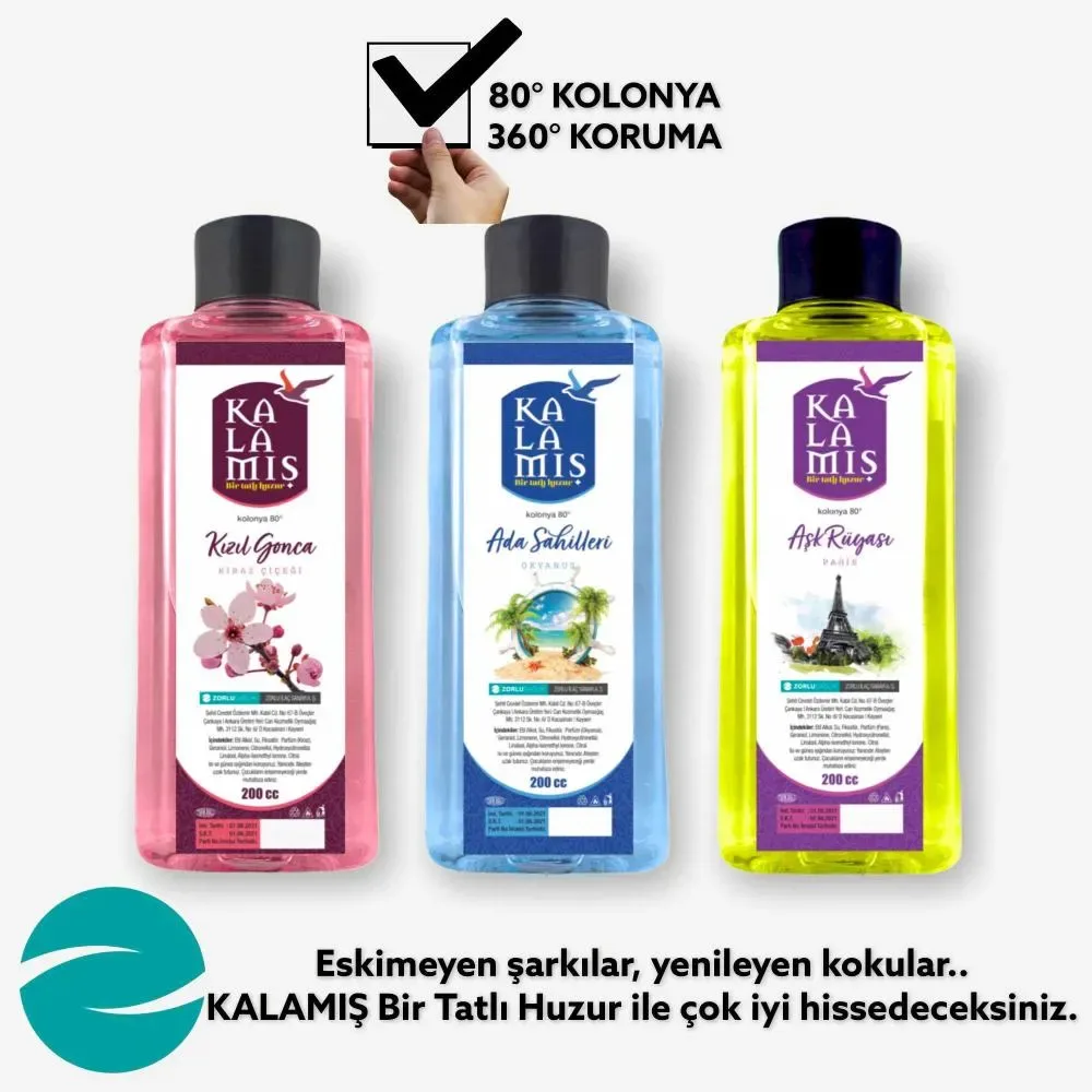 KALAMIŞ Bir Tatlı Huzur Muhteşem 3 lü 200 cc Kolonya (KızılGonca & AdaSahilleri & Bahar Çiçeği)