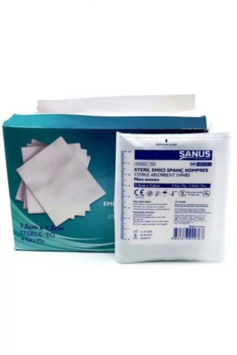SANUS Steril Emici Non-woven 4 Katlı Spanç Kompres 7,5 x 7,5 (4 KATLI 5 AD)