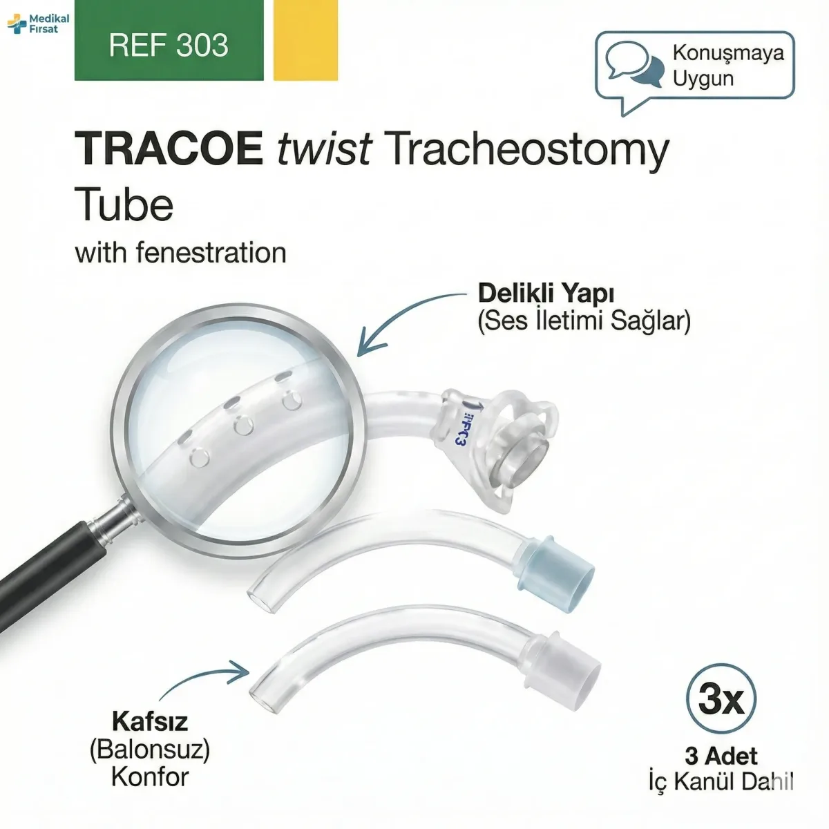 TRACOE Twist REF 303 Kafsız Delikli Trakeostomi Kanülü (Konuşma Özellikli) – Hareketli Flanş