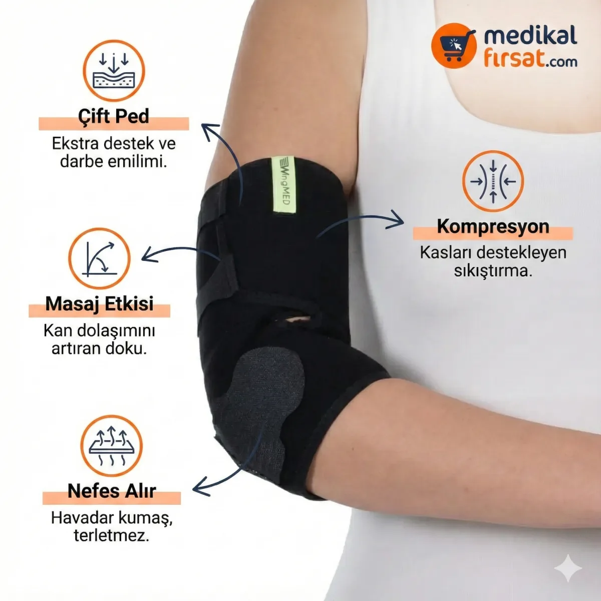 WINGMED W203 Silikon Pedli Örme Dirseklik – Tenisçi ve Golfçü Dirseği İçin Tam Koruma