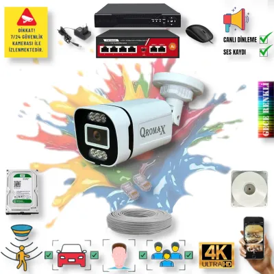 1 Kameralı POE IP Set - Yapay Zeka Özellikli Gece Renkli Gösteren Sesli 6 Warm Ledli 4K FULLHD IP Güvenlik Kamerası Seti 4386WS