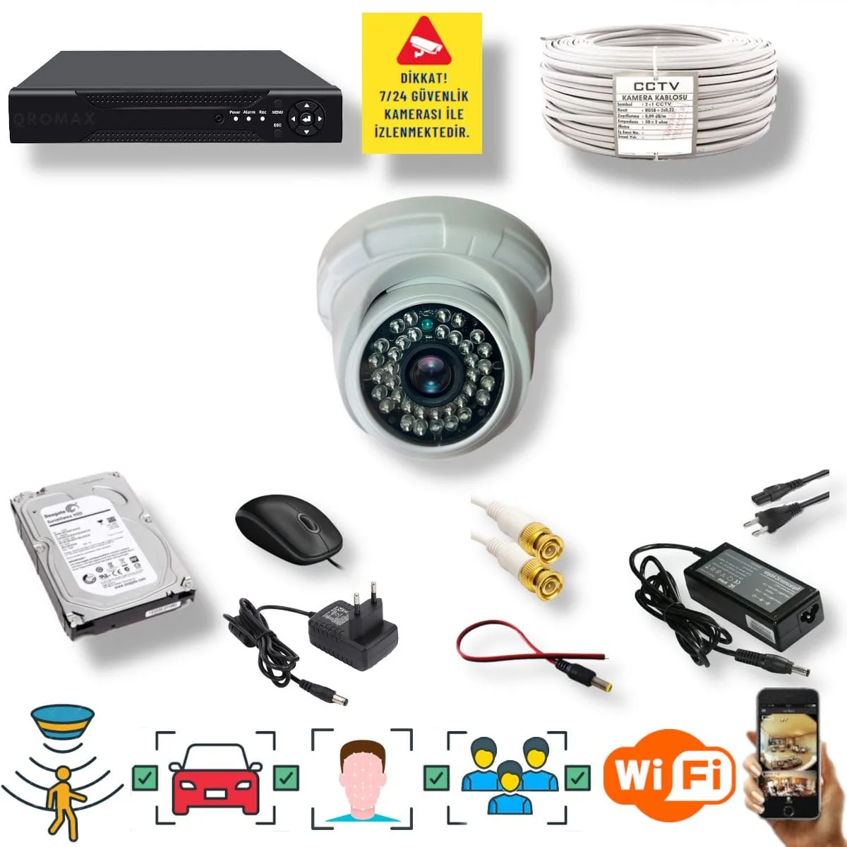 1 Kameralı Set – Yapay Zeka Özellikli Gece Görüşlü 5 MP Sony Lensli FullHD İç Mekan Güvenlik Kamerası Seti D136B-104