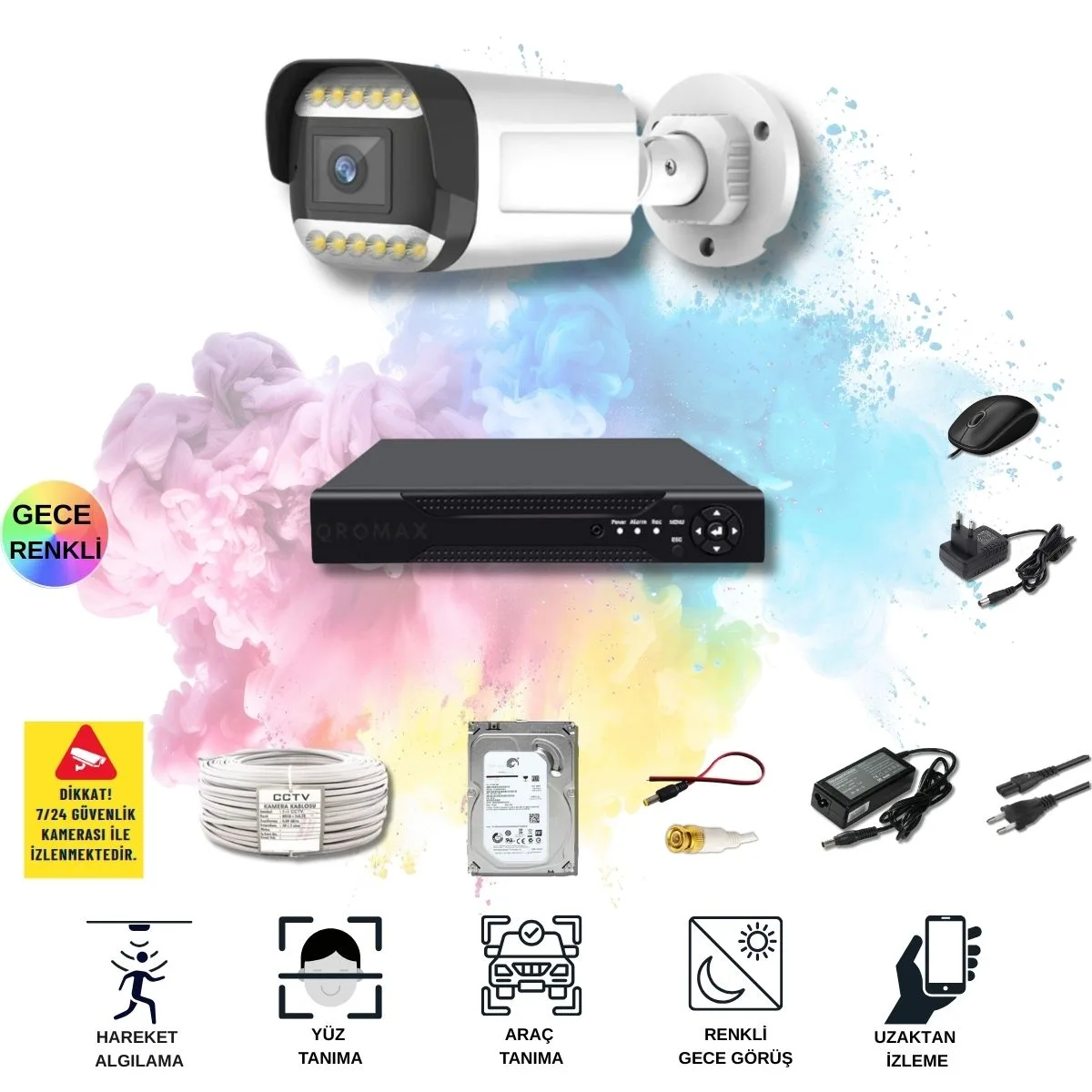 1 Kameralı Set - Yapay Zeka Özellikli Gece Renkli Gösteren 5MP SONY Lensli 12 Warm Ledli FULLHD Güvenlik Kamerası Seti 312W-104