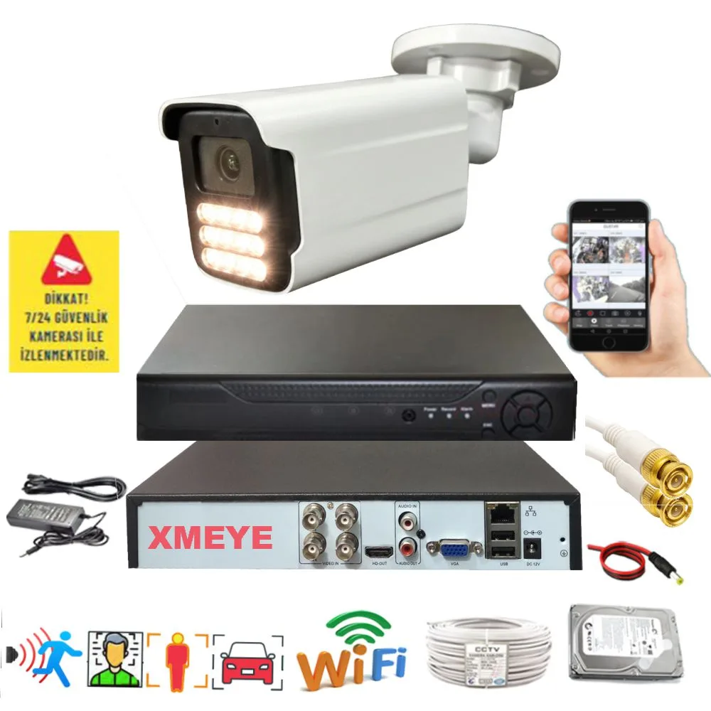 1 Kameralı Set - Yapay Zeka Özellikli Gece Renkli Gösteren 5MP SONY Lensli 15 Warm Ledli FULLHD Güvenlik Kamerası Seti 3015W-104