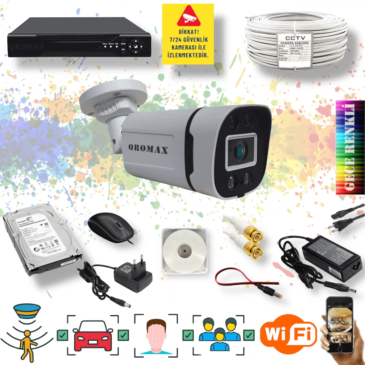 1 Kameralı Set - Yapay Zeka Özellikli Gece Renkli Gösteren 5MP SONY Lensli 4 Ultra Warm Ledli FULLHD Güvenlik Kamerası Seti 604W-104