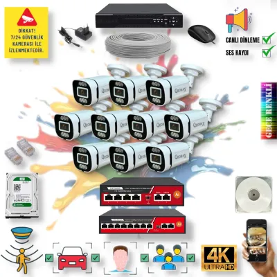 10 Kameralı POE IP Set - Yapay Zeka Özellikli Gece Renkli Gösteren Sesli 6 Warm Ledli 4K FULLHD IP Güvenlik Kamerası Seti 4386WS