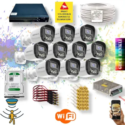 10 Kameralı Set - Gece Renkli Gösteren Hareket Algılayan 5MP SONY Lensli 4 Ultra Warm Ledli FULLHD Güvenlik Kamerası Seti 2304W-9016