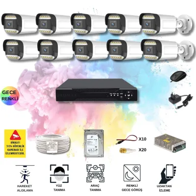 10 Kameralı Set - Yapay Zeka Özellikli Gece Renkli Gösteren 5MP SONY Lensli 12 Warm Ledli FULLHD Güvenlik Kamerası Seti 312W-116