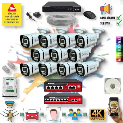 11 Kameralı POE IP Set - Yapay Zeka Özellikli Gece Renkli Gösteren Sesli 6 Warm Ledli 4K FULLHD IP Güvenlik Kamerası Seti 4386WS