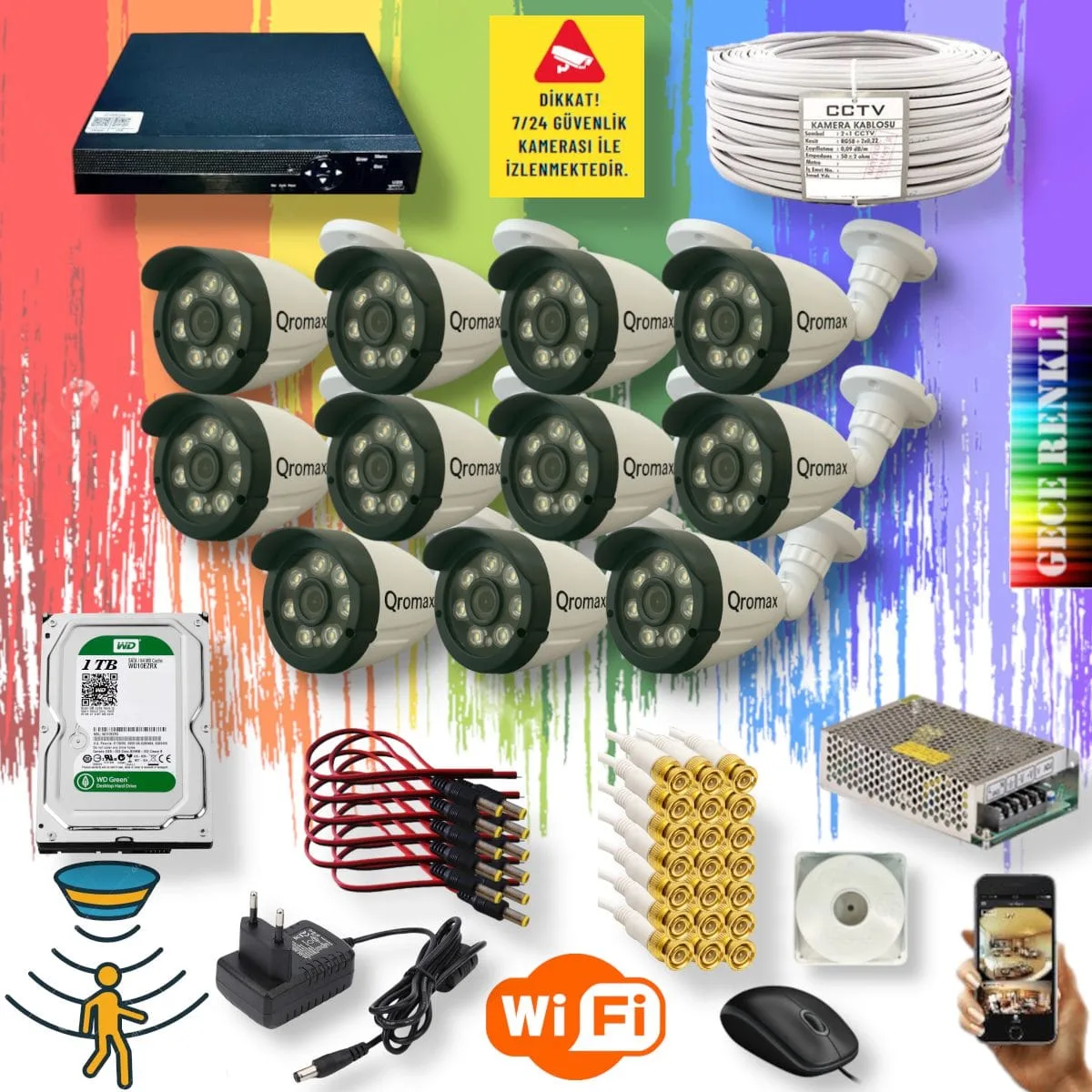 11 Kameralı Set - Gece Renkli Gösteren Hareket Algılayan 5 Mp Sony Lensli 1080p Full Hd Güvenlik Kamerası Seti 3908w