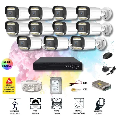 11 Kameralı Set - Yapay Zeka Özellikli Gece Renkli Gösteren 5MP SONY Lensli 12 Warm Ledli FULLHD Güvenlik Kamerası Seti 312W-116