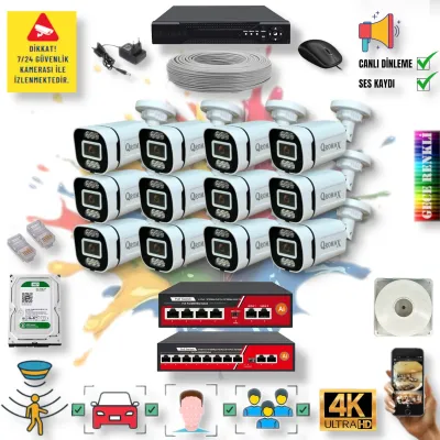 12 Kameralı POE IP Set - Yapay Zeka Özellikli Gece Renkli Gösteren Sesli 6 Warm Ledli 4K FULLHD IP Güvenlik Kamerası Seti 4386WS