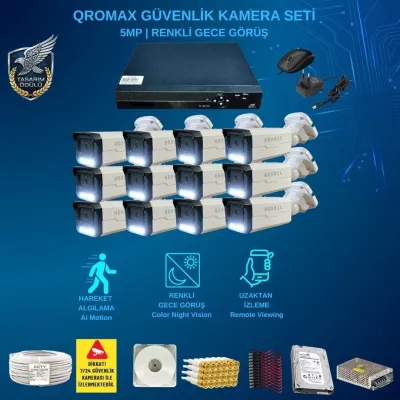 12 Kameralı Set - Gece Renkli Gösteren Hareket Algılayan 5 Mp Sony Lensli 1080p Full Hd Güvenlik Kamerası Seti 3404w