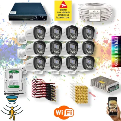 12 Kameralı Set - Gece Renkli Gösteren Hareket Algılayan 5MP SONY Lensli 4 Ultra Warm Ledli FULLHD Güvenlik Kamerası Seti 2304W-9016