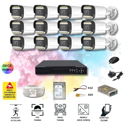 12 Kameralı Set - Yapay Zeka Özellikli Gece Renkli Gösteren 5MP SONY Lensli 12 Warm Ledli FULLHD Güvenlik Kamerası Seti 312W-116