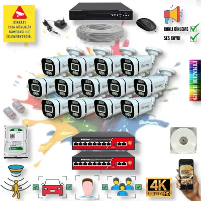 13 Kameralı POE IP Set - Yapay Zeka Özellikli Gece Renkli Gösteren Sesli 6 Warm Ledli 4K FULLHD IP Güvenlik Kamerası Seti 4386WS