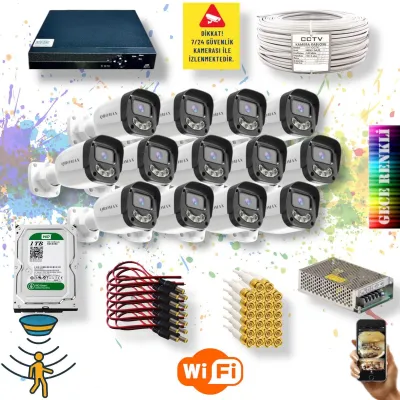 13 Kameralı Set - Gece Renkli Gösteren Hareket Algılayan 5MP SONY Lensli 4 Ultra Warm Ledli FULLHD Güvenlik Kamerası Seti 2304W-9016