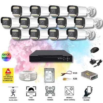13 Kameralı Set - Yapay Zeka Özellikli Gece Renkli Gösteren 5MP SONY Lensli 12 Warm Ledli FULLHD Güvenlik Kamerası Seti 312W-116
