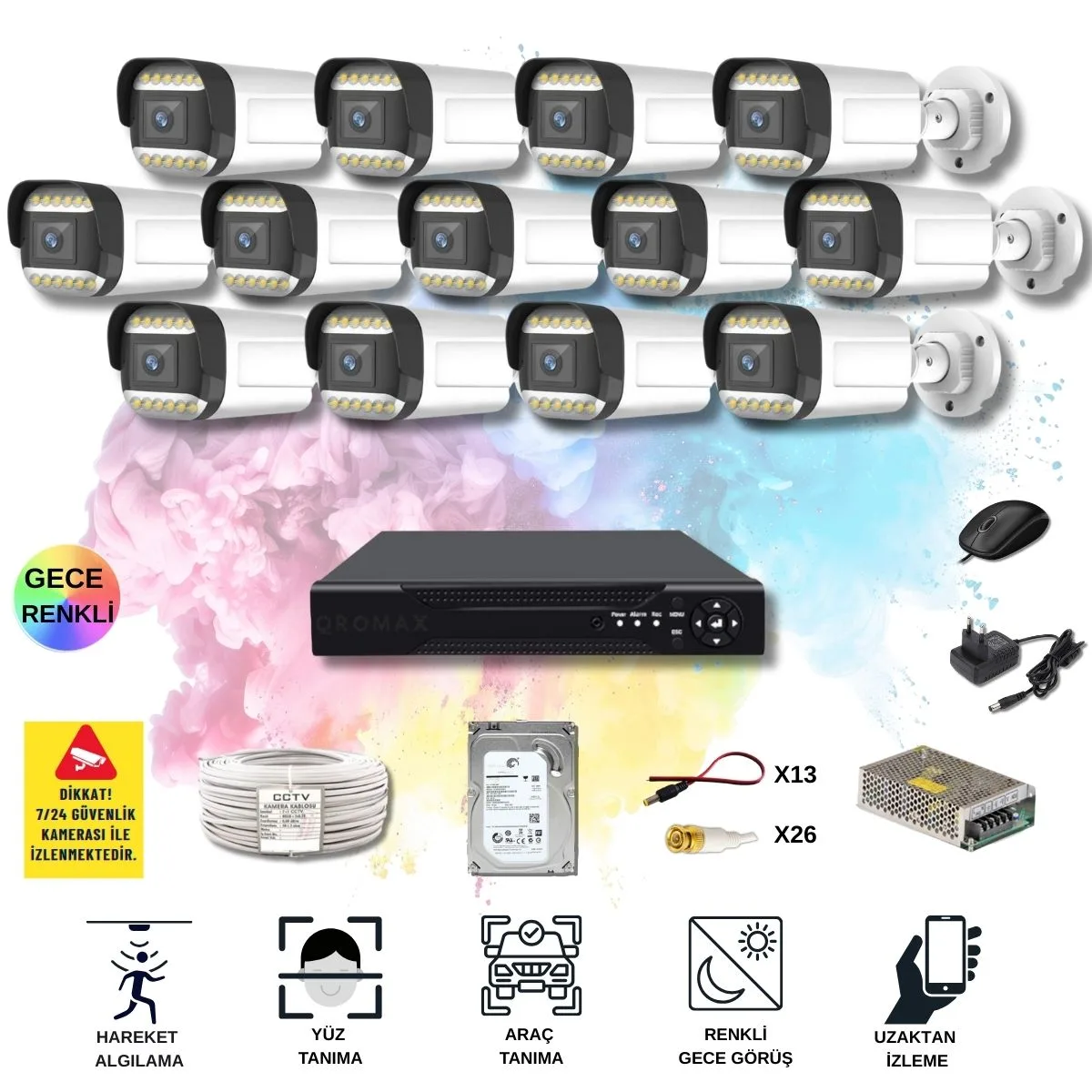 13 Kameralı Set - Yapay Zeka Özellikli Gece Renkli Gösteren 5MP SONY Lensli 12 Warm Ledli FULLHD Güvenlik Kamerası Seti 312W-116