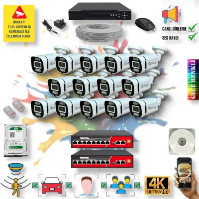 14 Kameralı POE IP Set - Yapay Zeka Özellikli Gece Renkli Gösteren Sesli 6 Warm Ledli 4K FULLHD IP Güvenlik Kamerası Seti 4386WS