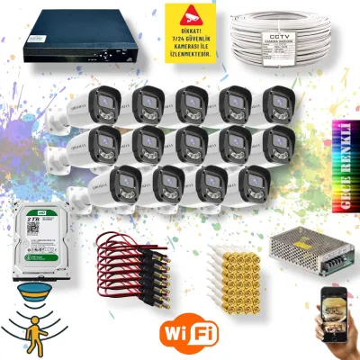14 Kameralı Set - Gece Renkli Gösteren Hareket Algılayan 5MP SONY Lensli 4 Ultra Warm Ledli FULLHD Güvenlik Kamerası Seti 2304W-9016