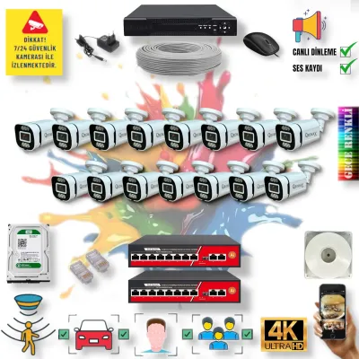 15 Kameralı POE IP Set - Yapay Zeka Özellikli Gece Renkli Gösteren Sesli 6 Warm Ledli 4K FULLHD IP Güvenlik Kamerası Seti 4386WS