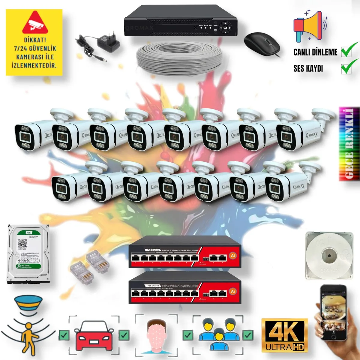 15 Kameralı POE IP Set - Yapay Zeka Özellikli Gece Renkli Gösteren Sesli 6 Warm Ledli 4K FULLHD IP Güvenlik Kamerası Seti 4386WS