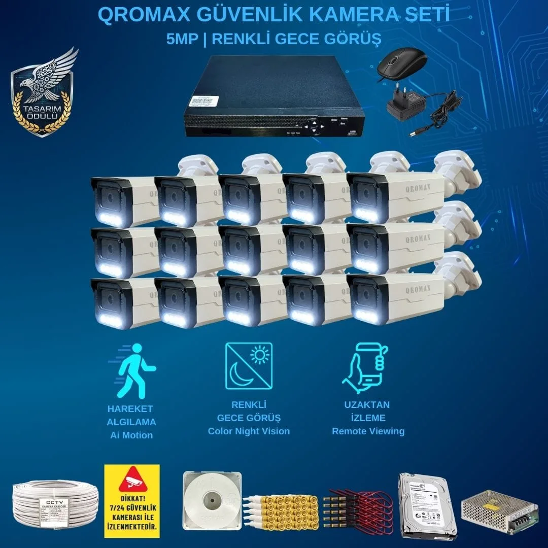 15 Kameralı Set - Gece Renkli Gösteren Hareket Algılayan 5 Mp Sony Lensli 1080p Full Hd Güvenlik Kamerası Seti 3404w